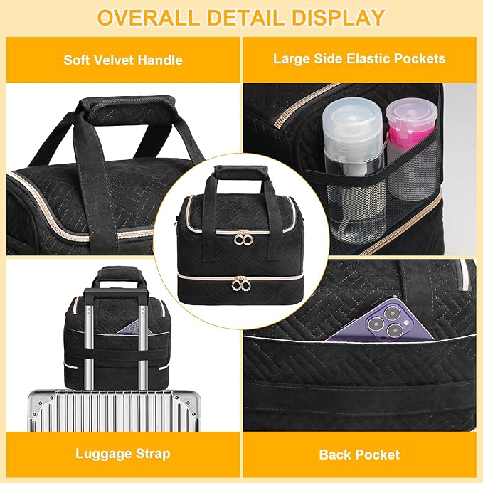 Veirdro Nail Polish Organizer Bag Holds 80 Bottles (15ml/0.5fl.oz)& Nail Lamp, Soft Nylon Nail Kit Storage Carrying Case with Shoulder Strap, Double Layer Nail Supplies Organizer Handbag Women Black