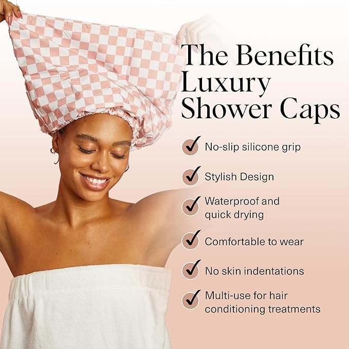 Kitsch Luxury Satin-Lined Flexi Shower Cap for Women - Terracotta Checker