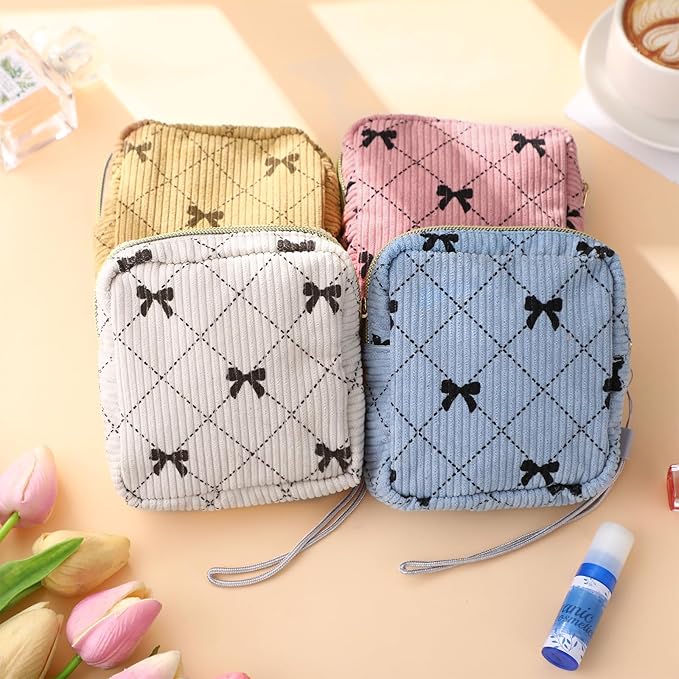 Paterr 4 Pcs Period Bag for Teen Girls Corduroy Portable Sanitary Napkin Storage Bag Hand Wrist Strap Lanyard String Holder Tampons Holder Pouch for Purse First Period Gift (Fashionable Style)