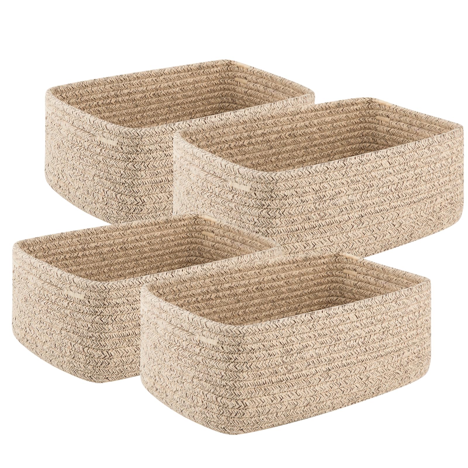 OIASKET 4 Pack Small Storage Shelf Baskets for Organizing, Mini Woven Rope Storage Bins for Towels, Cute Decorative Closet Organizer，Baby Nursery, Gift Empty Baskets -13''Lx8.66''Wx5.11''H-Brown