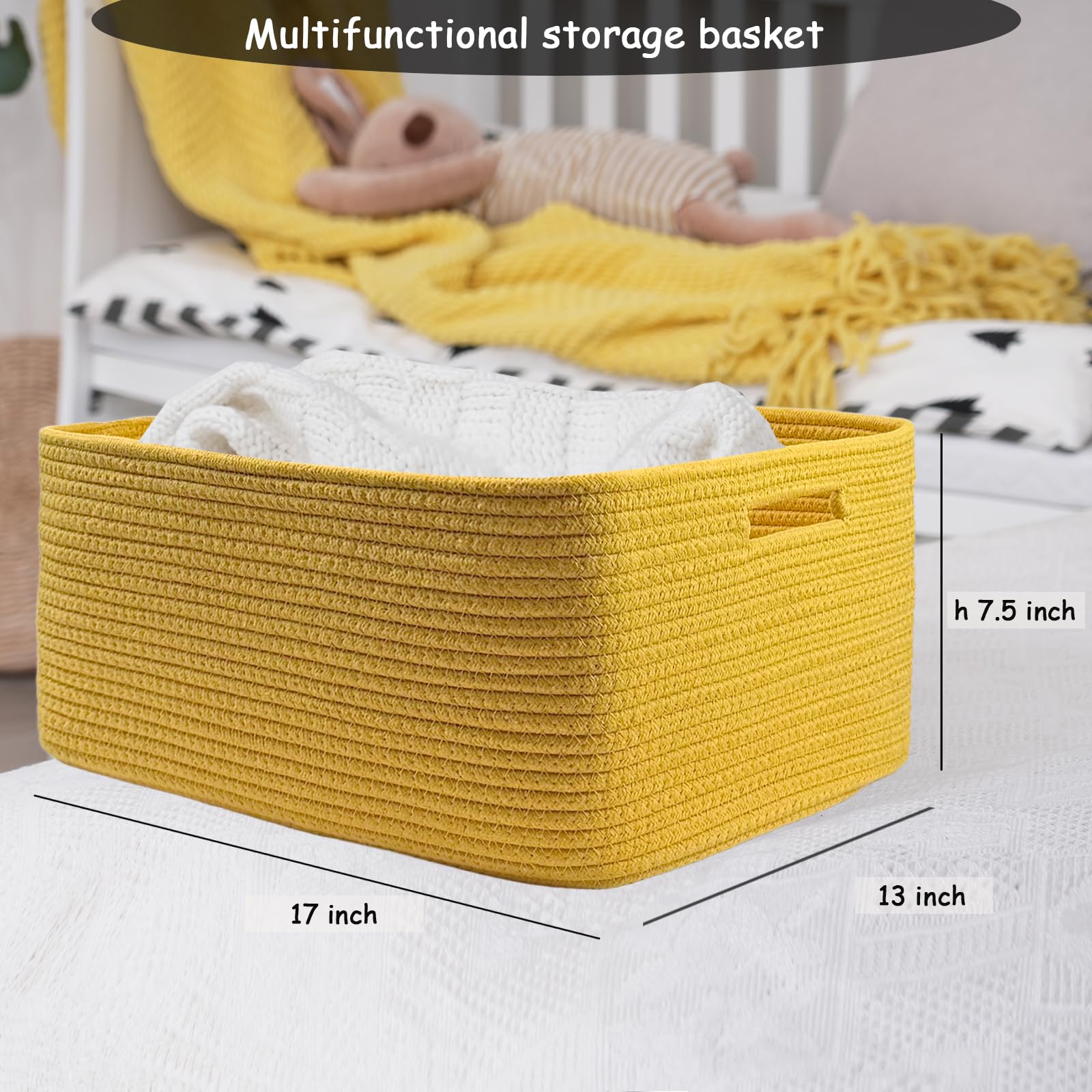 COMFY-HOMI Cotton Rope Woven Basket with Handles for Shelves,Toys,Book, Cloth Storage Baskets Bin for Organizing- 1 PCSToy Decorative Organizer for Living Room, Bathroom 17" x 13" x 7.5"