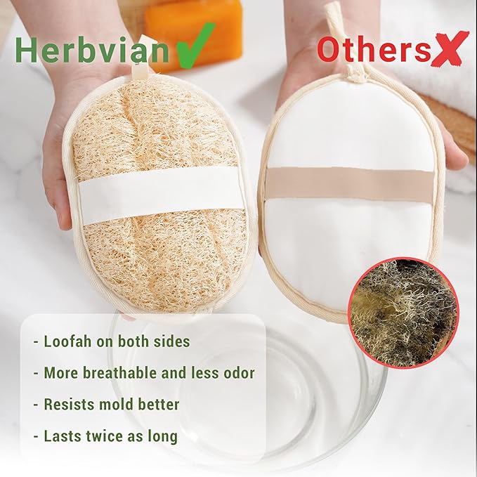 Herbvian Vietnamese Natural Loofah Exfoliating Body Scrubber Pads, 100% Plant-Based Shower Luffa Sponge, Bath Loofah for Women Men (1, Oval 6.5"x4.9")