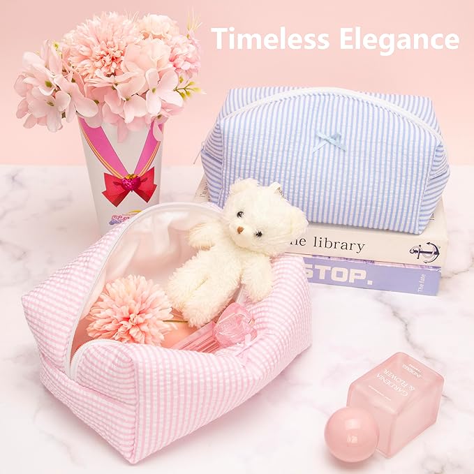 Cozy Makeup Bag for Women,Zipper Cosmetic Pouch,Stripe Ballet Pink,2 Pack