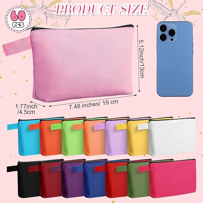 Reginary 60 Pcs Multicolor Canvas Makeup Bag Bulk Portable Travel Cosmetic Pouch Versatile Blank Toiletry Bag with Zipper for Women DIY Craft Purse Pencil Case (7.5 x 5 x 2 Inch)