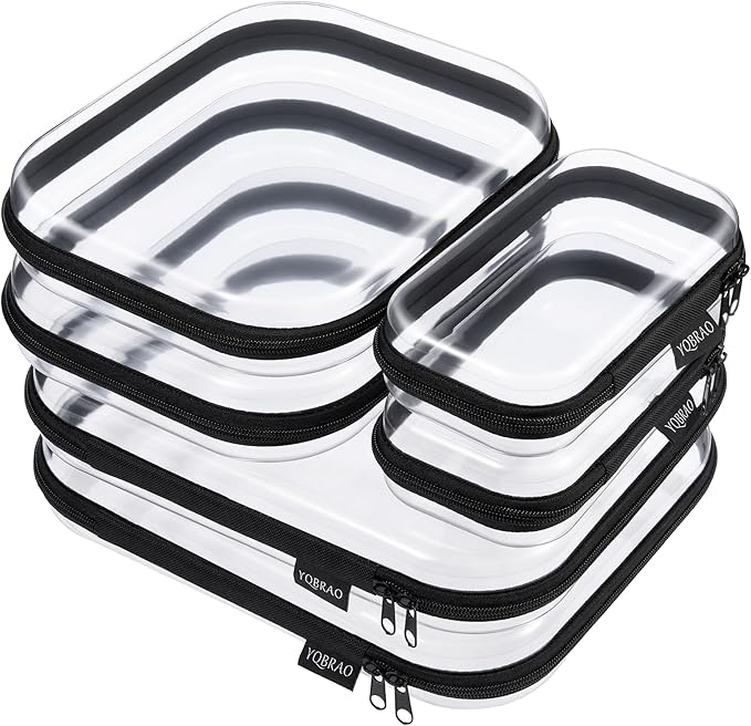 6 Pack Clear Hard Shell Zipper Case, See-Through Hard Plastic Organizer Pouches with Zipper for Travel, Toiletries, Makeup, Electronics & Pencils - Crush-Resistant Storage (Black)