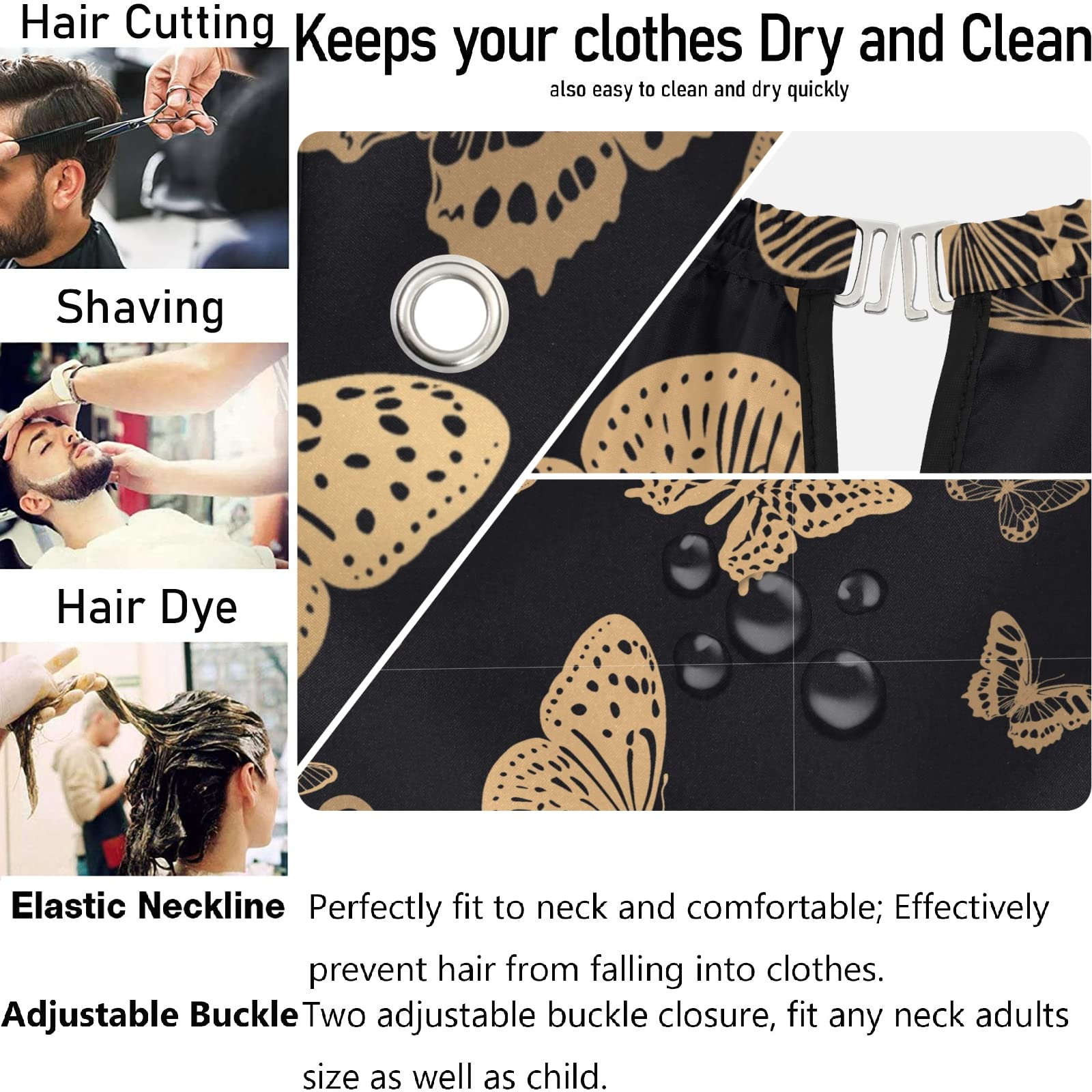 visesunny Barber Cape Black Gold Butterfly Polyester Hair Cutting Salon Cape Apron Anti-Static Haircut Water-Resistant Shaving Cloth Beard Shaving Bib Hairdressing Cape