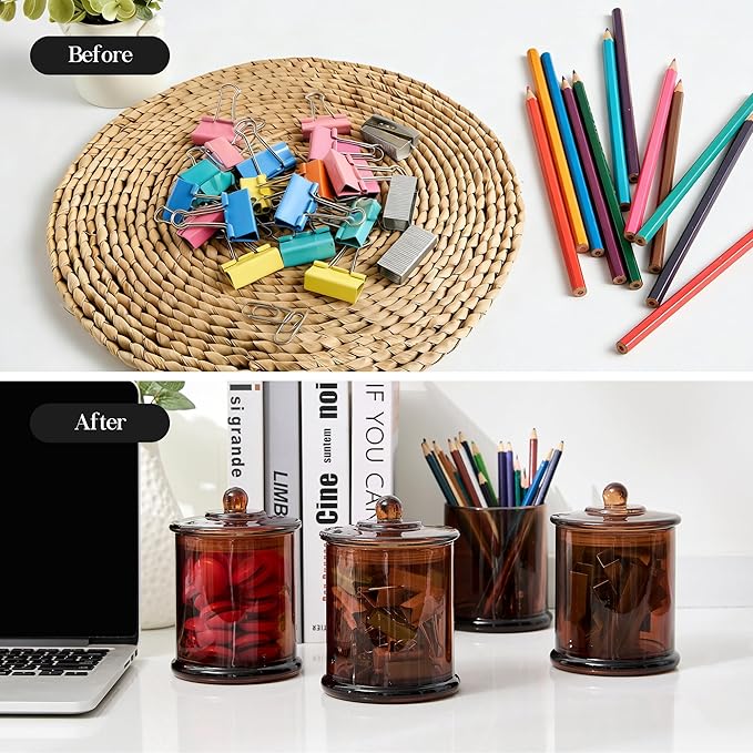 LEORAY 4 Pack Glass Qtip Holder Dispenser with Lids, Airtight Waterproof, 16 Oz Vanity Organizer Bathroom Canisters for Cotton Swabs, Balls, Pads, Floss Picks, Restroom Kitchen Storage Jars, Amber