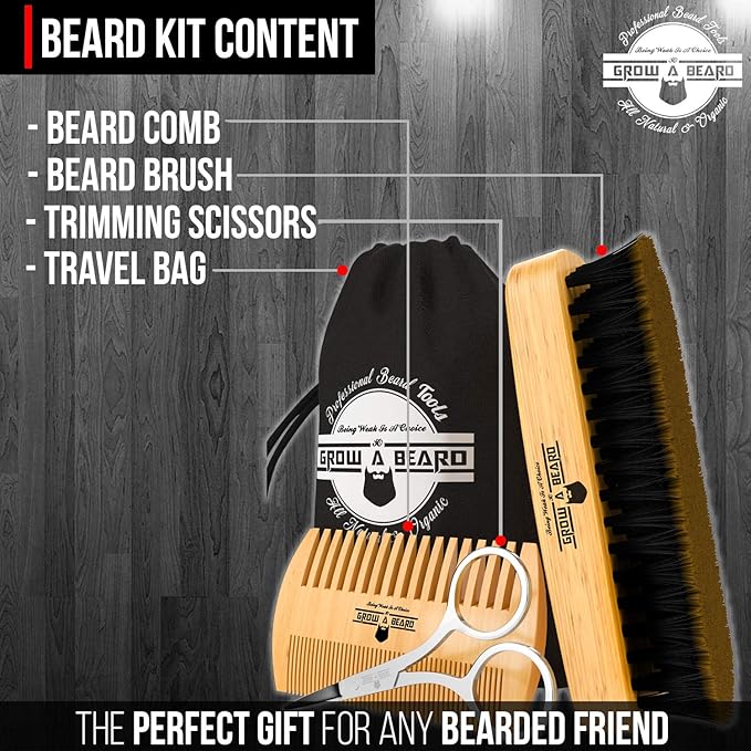 Beard Brush For Men & Beard Comb Set w/Mustache Scissors Grooming Kit, Natural Boar Bristle Brush, Dual Action Wood Comb, And Travel Bag Great For Christmas Gift