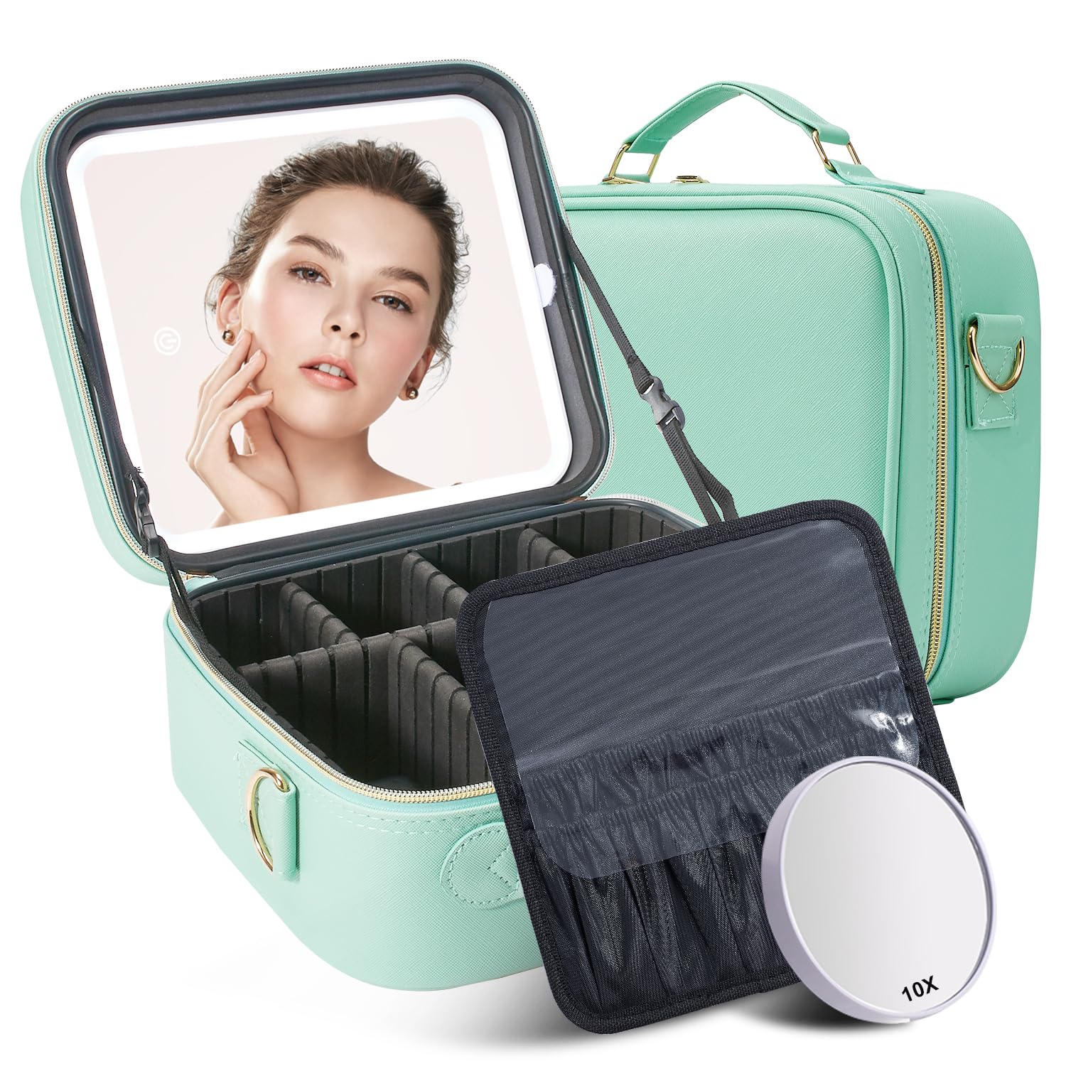 Mocado Travel Makeup Bag with LED Lighted Mirror, Travel Makeup Organizer, Makeup Case with 3 Color Lighted Setting and 10x Magnifying Mirror, Portable Storage and Adjustable Dividers (Powdery Green)