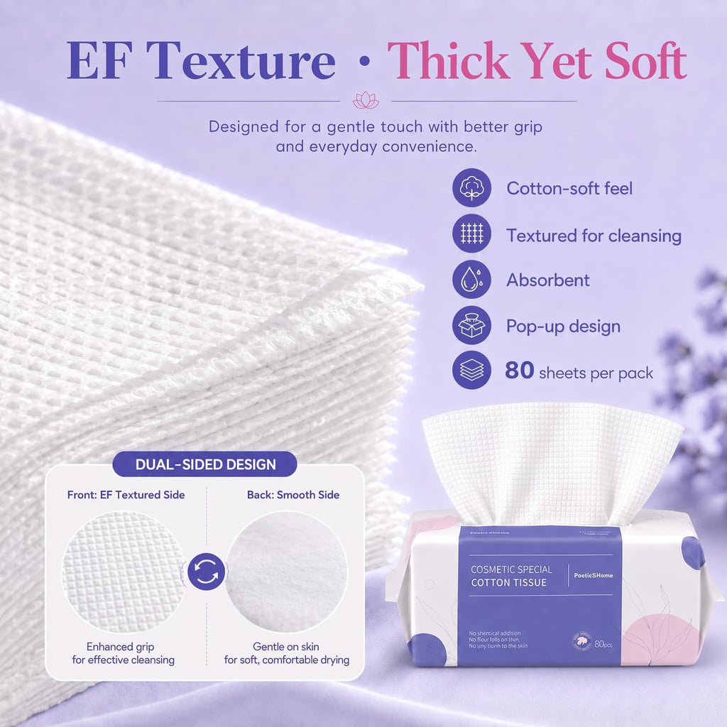 PoeticEHome Disposable Face Towel | Thick & Absorbent | Clean Face Tissue Biodegradable | Cotton Dry Wipes for Facial Cleansing & Makeup Removing