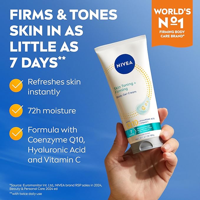 NIVEA Sheer Hydration Skin Firming Body Lotion (16.9 FL OZ) Skin Firming and Toning Body Gel Cream with Hyaluronic Acid (6.7 OZ), Skincare Enriched with Q10 and Vitamin C Multipack of 2