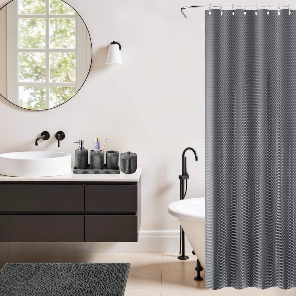 XLHOMO 8-Piece Grey Bathroom Sets with Shower Curtain and Rugs, Resin Bathroom Accessories Sets Complete with Soap Dispenser, Toothbrush Holder, Tumbler & Apothecary Jars Bathroom Essentials