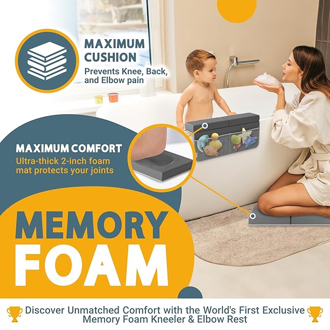 Baby Bath Kneeler and Elbow Rest Pad Set, 2-Inch Thick, Memory Foam, Water-Resistant Mat – Bath Time Essentials Cushion and Bath Kneeling Pad for Bathing Baby with Bathtub Toy Organizer.