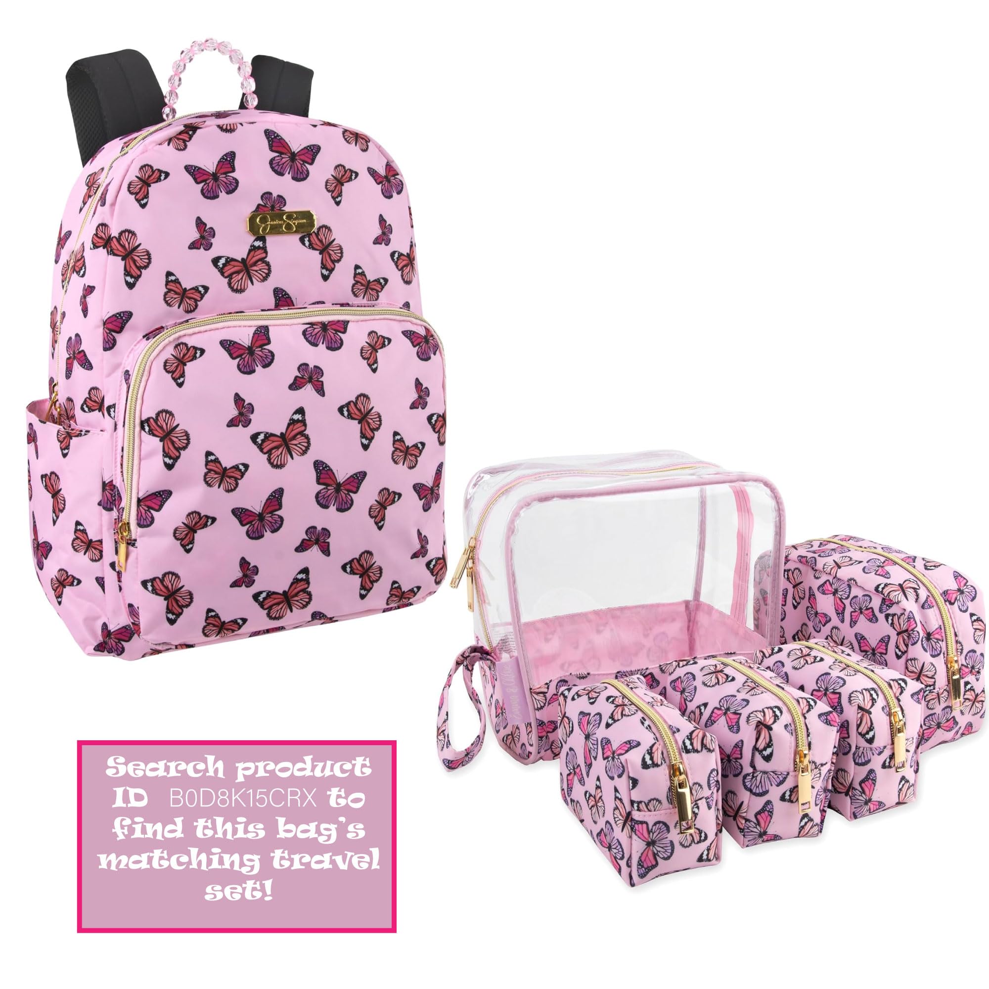 Emma & Chloe Travel Toiletry Bags for Women, 5 Piece Waterproof Cosmetic Case, Bag, Pouch Makeup Organizer Set for Women, Home Counters (Fluttering Pink Butterflies)