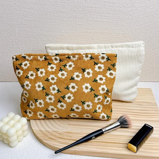 RIKMOXR 2 makeup bags Women's floral lamp core velvet canvas makeup bag, travel makeup bag, wallet storage, khaki and cute beige