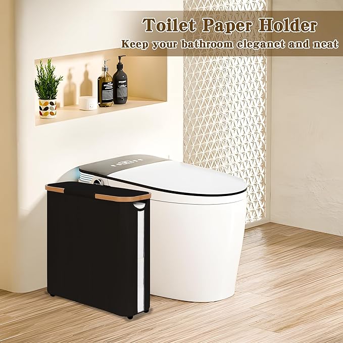Toilet Paper Storage Basket with Lid - The Ultimate Bathroom Organizer, Free Standing Toilet Paper Holder for Up to 12 Mega Rolls, Toilet Tissue Storage Bin with Handle for RV Closet, Black