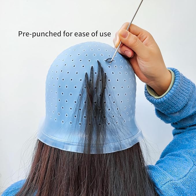 Losaria 9 Pcs Hair Highlighting Kit with Cap Silicone Highlight Cap with Holes Highlighting Cap with Hook Reusable Hair Coloring Dye Cap Highlights Kit for DIY Dyeing Pre Punched Hair Frosting Cap