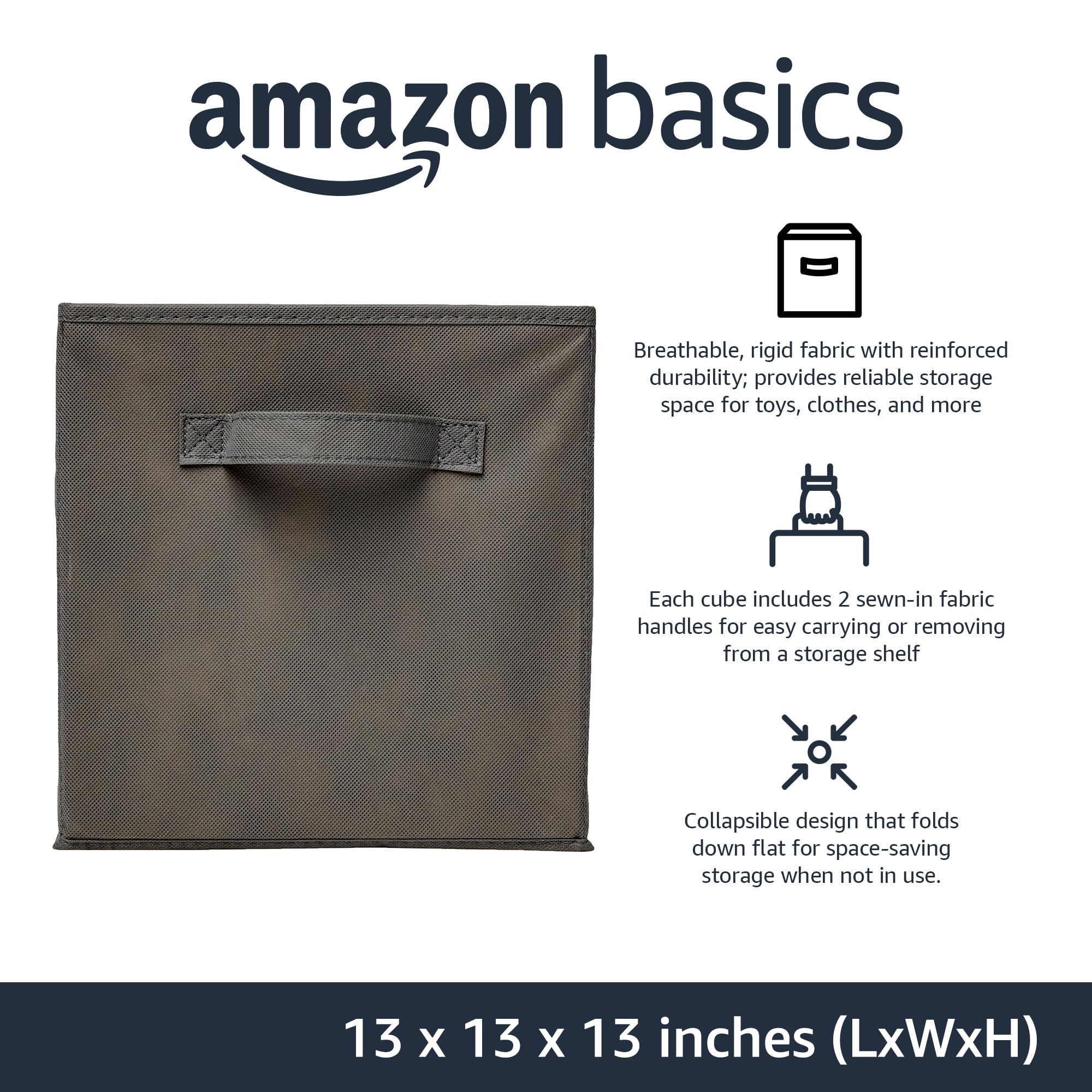 Amazon Basics Collapsible Fabric Storage Cube Bins Organizer with Handles for Organizing, Sturdy, Gray, 13 x 13 x 13 inch, 6-Pack