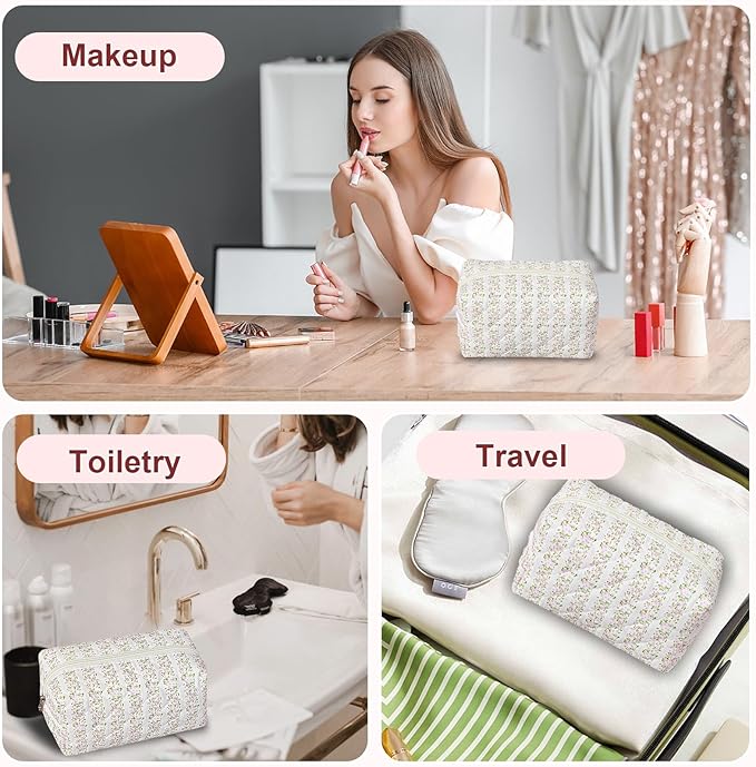 GISMTR Quilted Makeup Bag Floral Cotton Make up Bag Puffy Coquette Makeup pouch Aesthetic Cute Travel Toiletry Bag for Women Girls