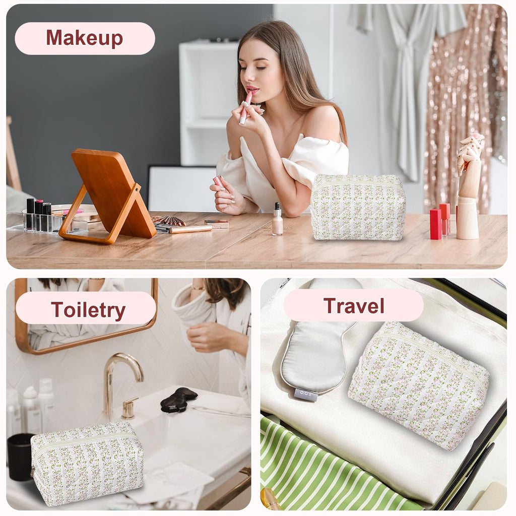 GISMTR Quilted Makeup Bag Floral Cotton Make up Bag Puffy Coquette Makeup pouch Aesthetic Cute Travel Toiletry Bag for Women Girls