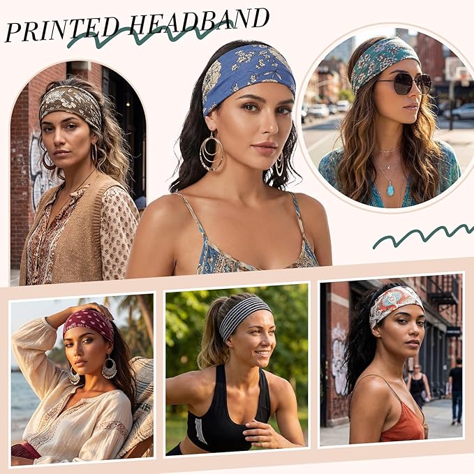 obeoby Boho Style Headbands for Women, 8 Pack Non Slip Headbands Fashion Hippie Clothes Outfit Gift Wide Hairband Hair Wrap