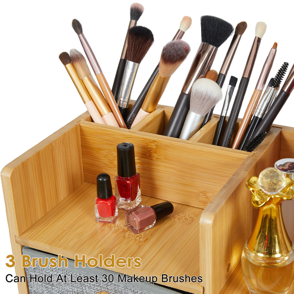 Large Makeup Organizer For Vanity, Large Capacity 3 Tiers Bamboo Bathroom Counter Organizers and Storage, Countertop Makeup Brush Holder, Nail Polish Perfume Stand with 3 Drawers and 10 Compartments