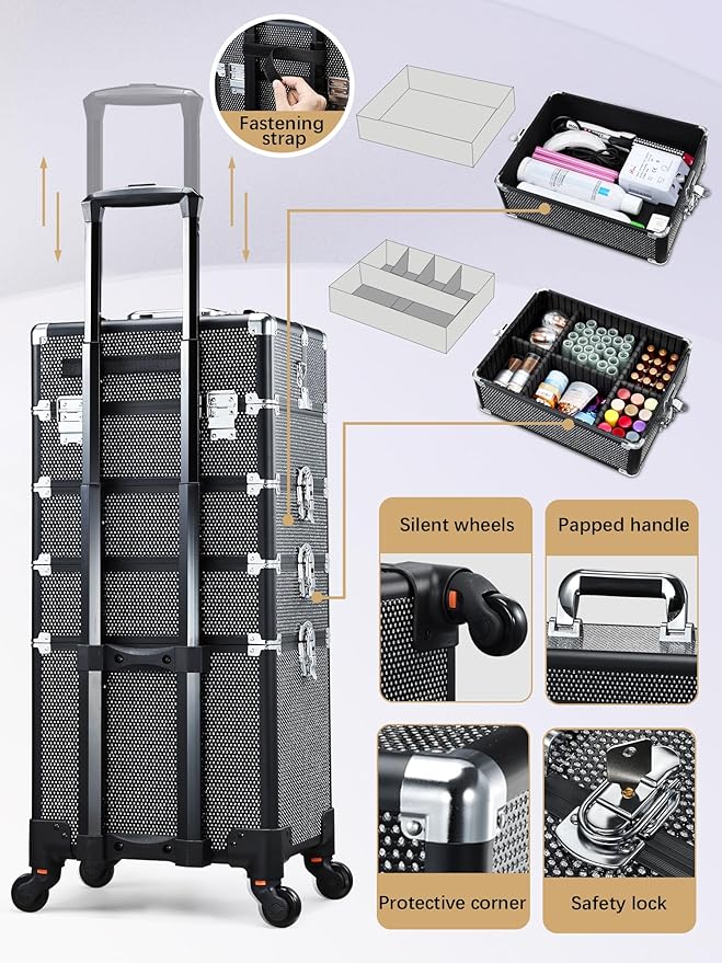 Costravio 5 in 1 Rolling Makeup Case on Wheels Large Cosmetology Case Organizer Beauty Cosmetic Train Case Travel Nail Cart for Make-up Studio Hair Salon, Black Rhinestone