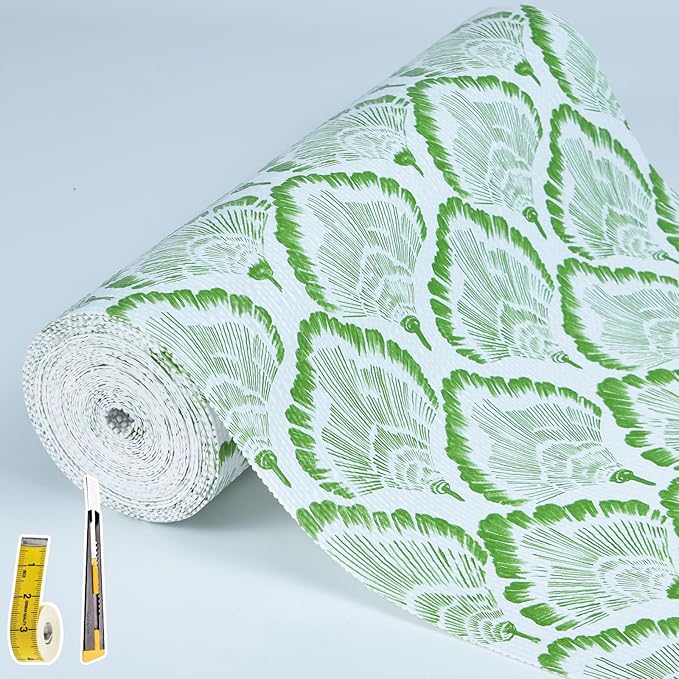Shelf and Drawer Liner, 17in x 30FT Double Layer PVC Non-Adhesive Non-Slip Waterproof, Green Leaf for Kitchen Cabinets, Pantry, Bathroom, Dresser with Knife and Tape Measure
