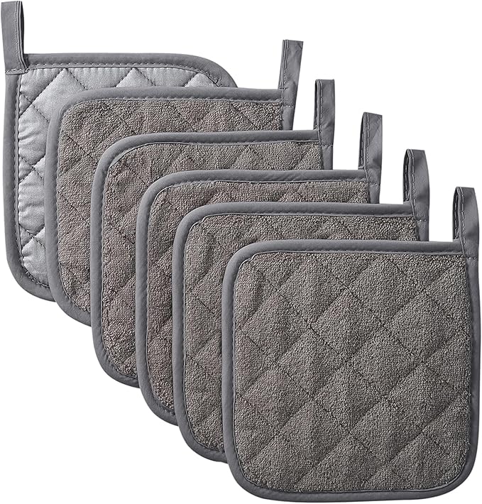 Kitchen Pot Holders Set Heat Resistant Pure Cotton Potholders Kit Trivets Large Coasters Hot Pads Terry Pot Holders for Everyday Cooking and Baking by 7 x 7 Inch Set of 6 Dark Beige