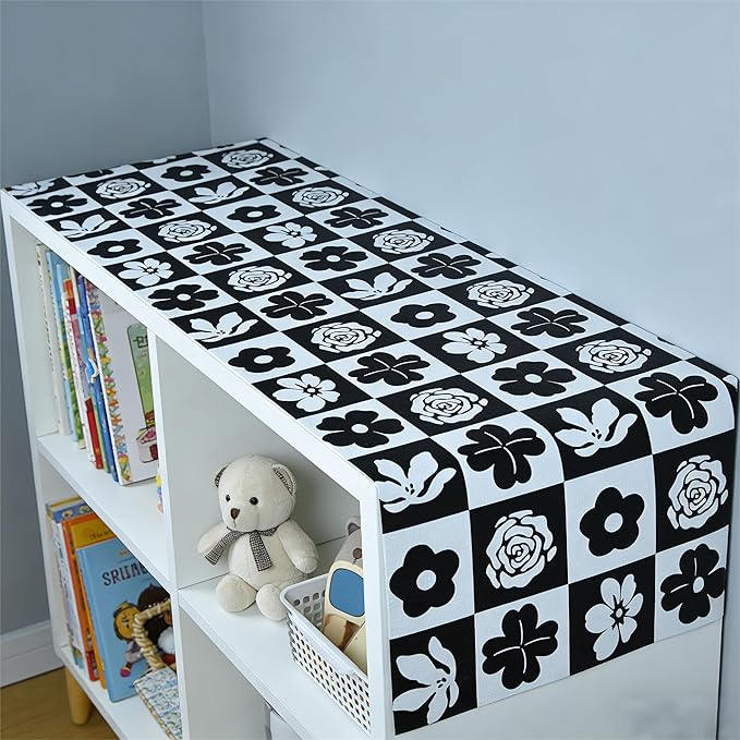 Drawer and Shelf Liner for Kitchen Cabinet,Non Adhesive Anti-Slip Double Layer PVC Waterproof Easy Clean for Dresser Bathroom Refrigerator with Knife Tape Measure(17 in X 30 Ft Black & White Flowers)