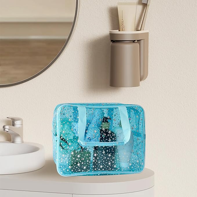 TotePrint Holographic Star Large Light Blue Makeup Cosmetic Organizer Bag and Travel Pouch with Handle,Durable Material,Zipper Design-Ideal for Makeup,Travel Essentials (Blue)