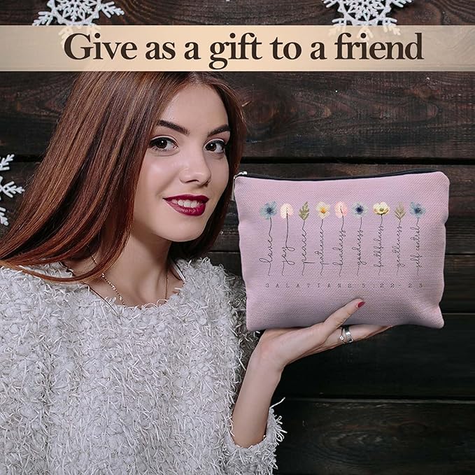 Likjad Christian Gifts Makeup Bag, Floral Christian Cosmetic Bags for Women, Galatians 5:22-23 Bible Verse Makeup Pouch, Faith Based Gifts Zipper Pouch（purple