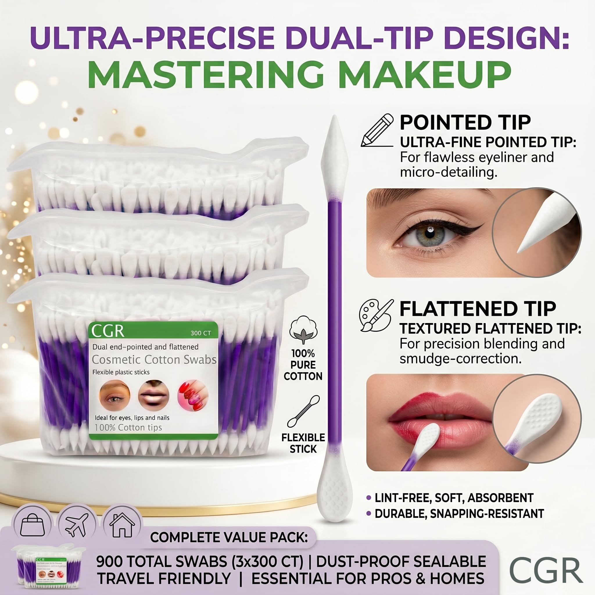 CGR 900pcs Precision Makeup Cotton Swabs, Pointed & Flat Tips, 3 Bags