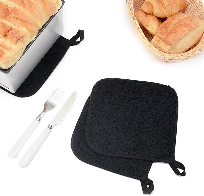 Lifaith Pot Holders for Kitchen, 100% Cotton Terry Pot Holder Set of 5, Heat Resistant Hot Pads for Cooking, Baking, Hot Dishes and Countertop Protection,Black