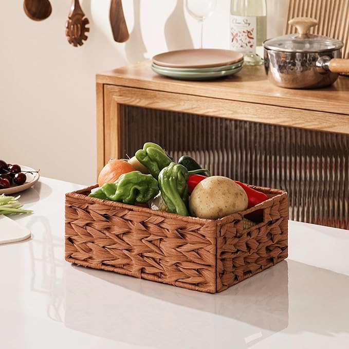 UBBCARE Storage Baskets with Label, Wicker Pantry Baskets for Shelves, Waterproof Woven Basket for Organizing, 2-Pack Plastic Rectangle Organizers with Handles, Light Brown (10L×8H×4W)