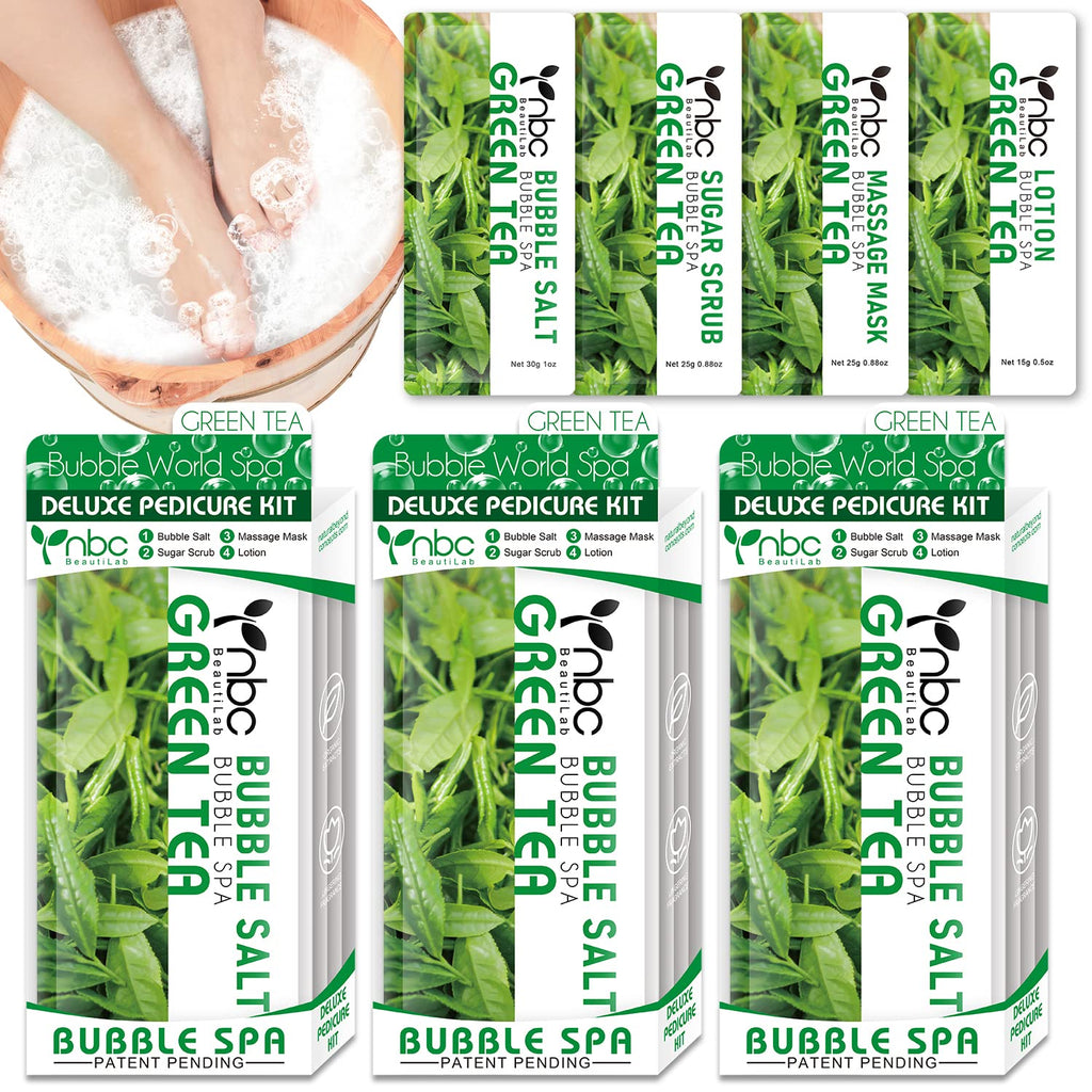 nbc BeautiLab Pedicure Kit Foot Soak Set: Bubble Salt, Sugar Scrub, Massage Mask, Massage Lotion in a Box, 4 Step Foot Spa Kit for Dry Feet,Tired Feet（3 Set Green tea)