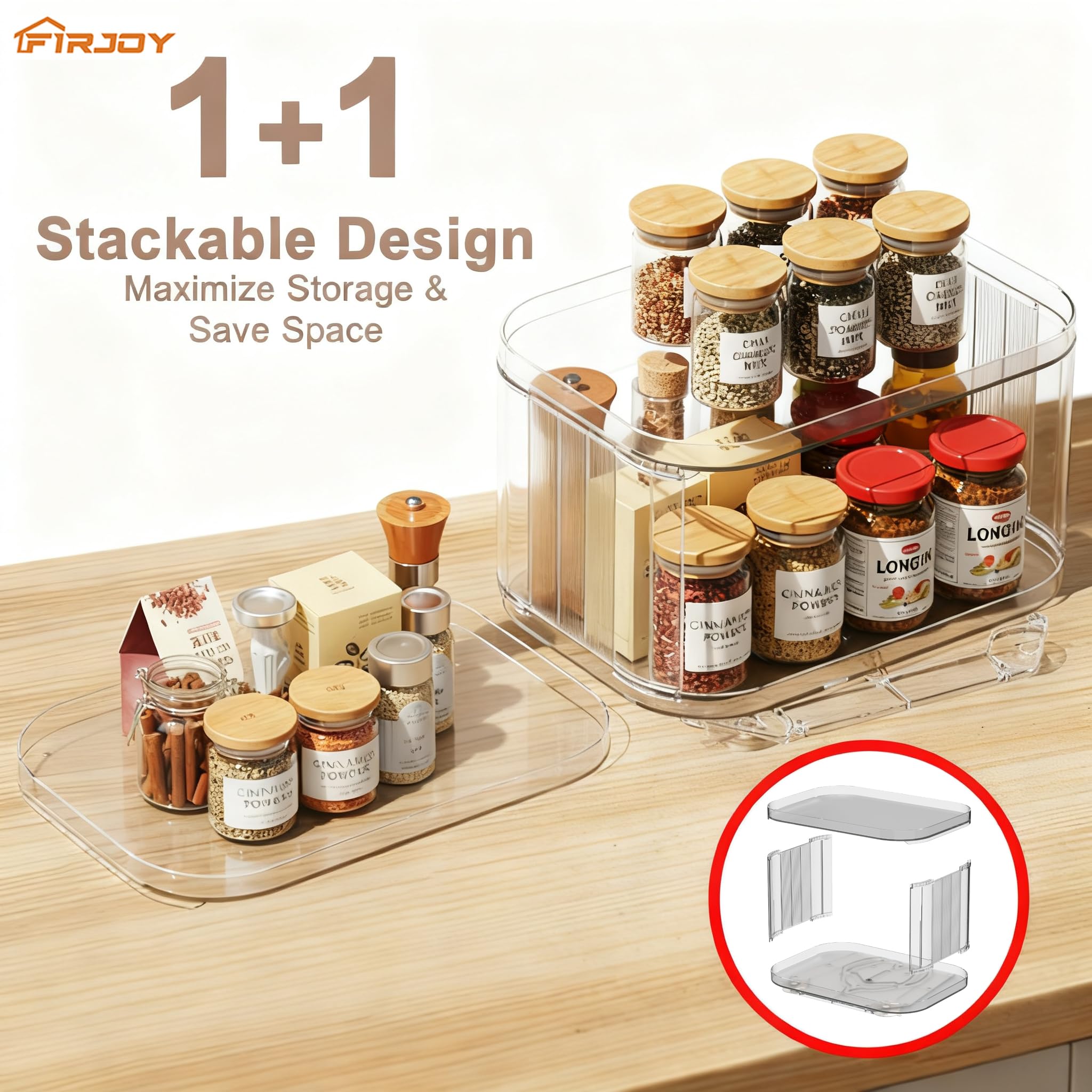 FIRJOY Lazy Susan Organizer for Cabinet, Pantry, Countertop (2 Tier 14" x 10" Clear - 1 Pack, Rectangular)