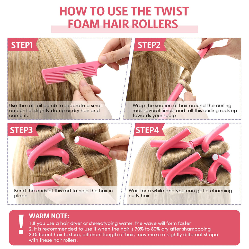 Syhood 30 Pcs Flexible Curling Rods 9.45 Twist Foam Rollers Soft Foam No Heat Hair Rods Rollers and 1 Steel Pintail Comb Rat Tail Comb for Women Long Short Hair(Pink,9.45 x 0.55 Inch)