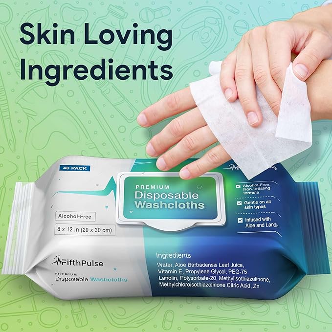 Disposable Body Wipes For Adults 80 Count (2 x 40 Packs) - Premoistened Washcloths For Elderly Bathing Infused With Aloe and Lanolin -Alcohol-Free Adult Wet Wipes, Extra Large 8” x 12” Wash Cloth