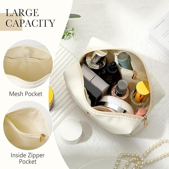 Kigeli Gifts for Women Teen Girls Gifts for Bridesmaid Mom Teachers Graduation Birthday Wedding Personalized Initial Makeup Bag Beige PU Leather Monogram Cosmetic Waterproof Travel Toiletry Bag(T)