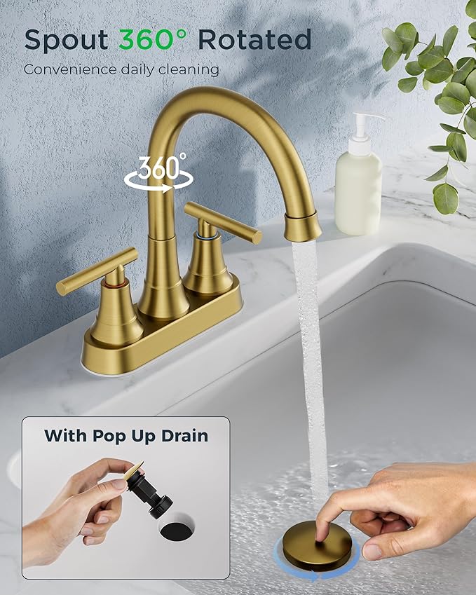 FORIOUS Brushed Gold Bathroom Faucets, 4 Inch Centerset Bathroom Sink Faucet 2 or 3 Hole with Pop up Drain and cUPC Hose, Two Handles Control, 360° spout for Restroom,Vanity, Rv, 2 Pack