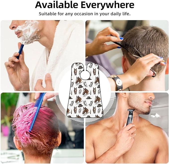 Beard Shaving Cape with Suction Cups, White Horse Watercolor Art Racing Vintage Shave Bib, Non-Stick Waterproof Hair Catcher, Grooming Bib for Men Husband