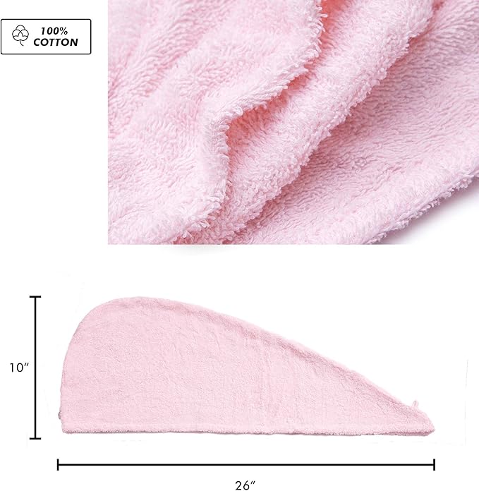 KEEPOZ Hair Towel Wrap Quick Dry 100% Cotton Super Absorbent Turban Head Wrap for Women with Button, Non Microfiber Anti Frizz Hair Products, Hair Cap for Curly, Long & Thick Hair (Pink, 1 Pc)