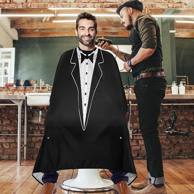 visesunny Tuxedo Design On Black Barber Cape Anti-Static Hair Cutting Cape with Snap Closure Professional Salon Polyester Beard Shaving Bib Water-Resistant Hairdressing Cape Adjustable Snap