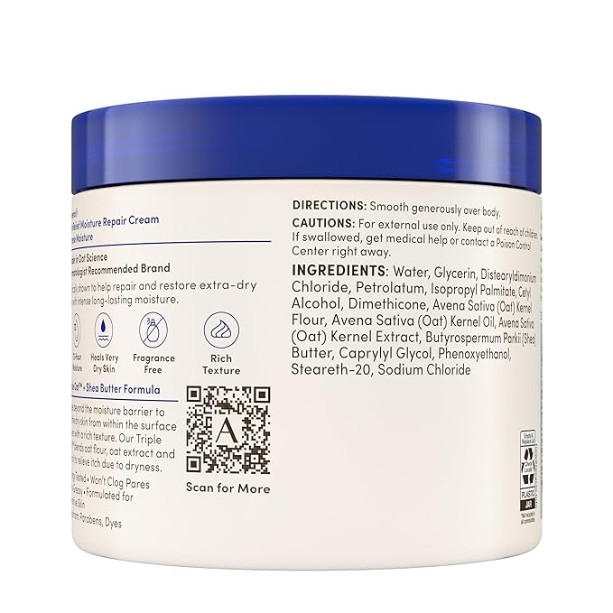 Aveeno Skin Relief Intense Moisture Repair Body Cream with Triple Oat & Shea Butter Formula, Moisturizing Cream Heals & Restores Very Dry Skin with Long-Lasting Moisture, Fragrance-Free, 11 Oz