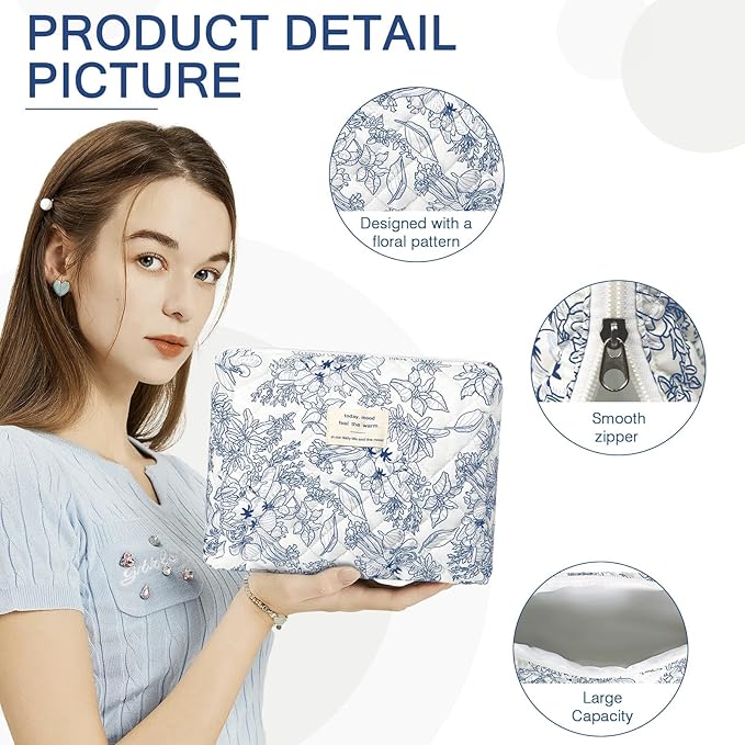Gosect 2PC Makeup Bag Set, Cute Cosmetic Bag for Women Girls, Floral Coquette Aesthetic Toiletry Bag, Travel Make Up Organizer Bag (Navy Blue)