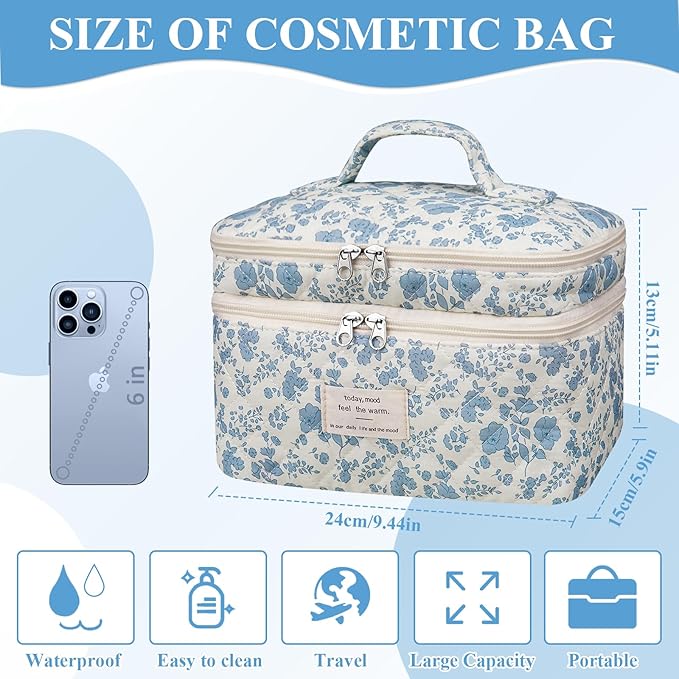 Gosect Makeup bag, Large Cosmetic Bag for Women Girls, Cute Quilted Makeup Bags, Floral Coquette Aesthetic Toiletry Bag, Travel Make Up Organizer Bag (Bear)