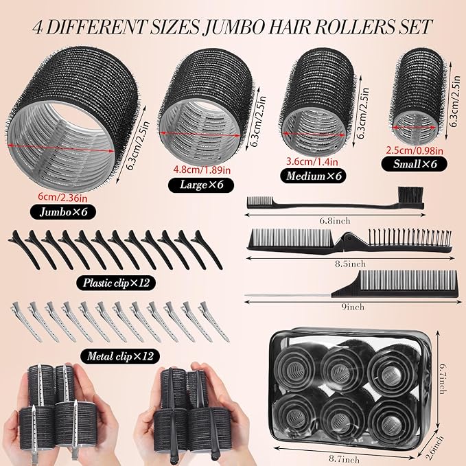 Obeoby 4 Sizes Hair Rollers for Women, Hair Curlers with Clips Comb Curlers for Long Short Curly Hair and Bangs (25, 36, 48, 60mm), Black