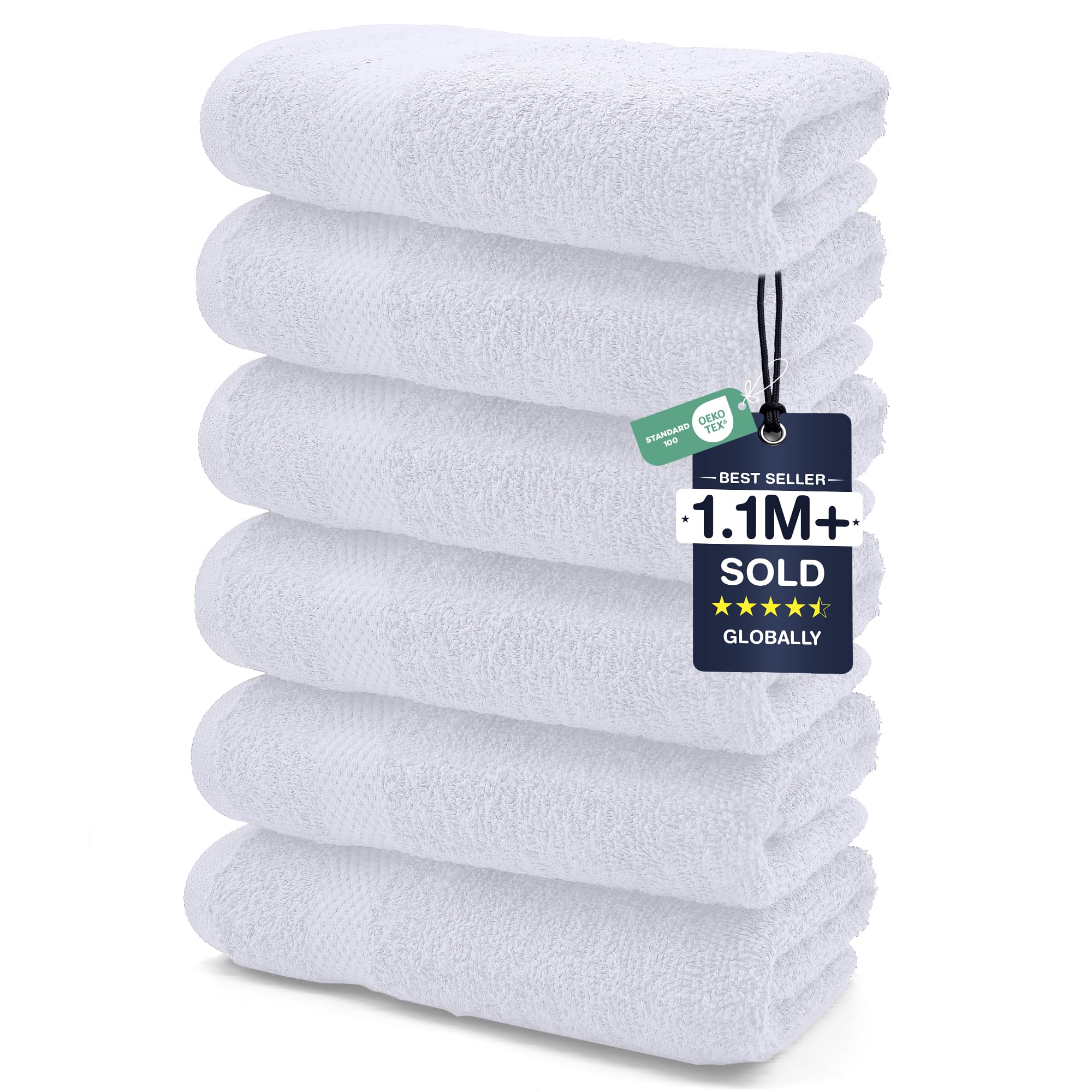 DAN RIVER 6-Pack Premium Hand Towels (16x28 Inches) - 100% Cotton, Ultra Soft, Lightweight, Highly Absorbent Towels for Bathroom, Spa, Gym, Salon, Hotel, and Travel - White