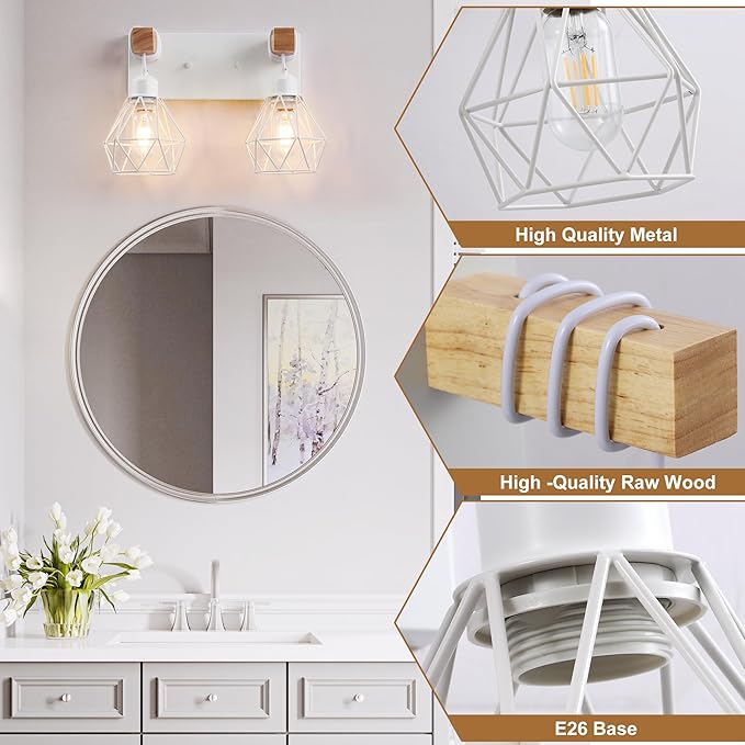 White Bathroom Vanity Light Fixtures, 2-Light Wood Bathroom Light Fixtures Over Mirror, Rustic Sconces Wall Lighting with Elegant Metal Lampshade for Living Room, Bedroom, Hallway